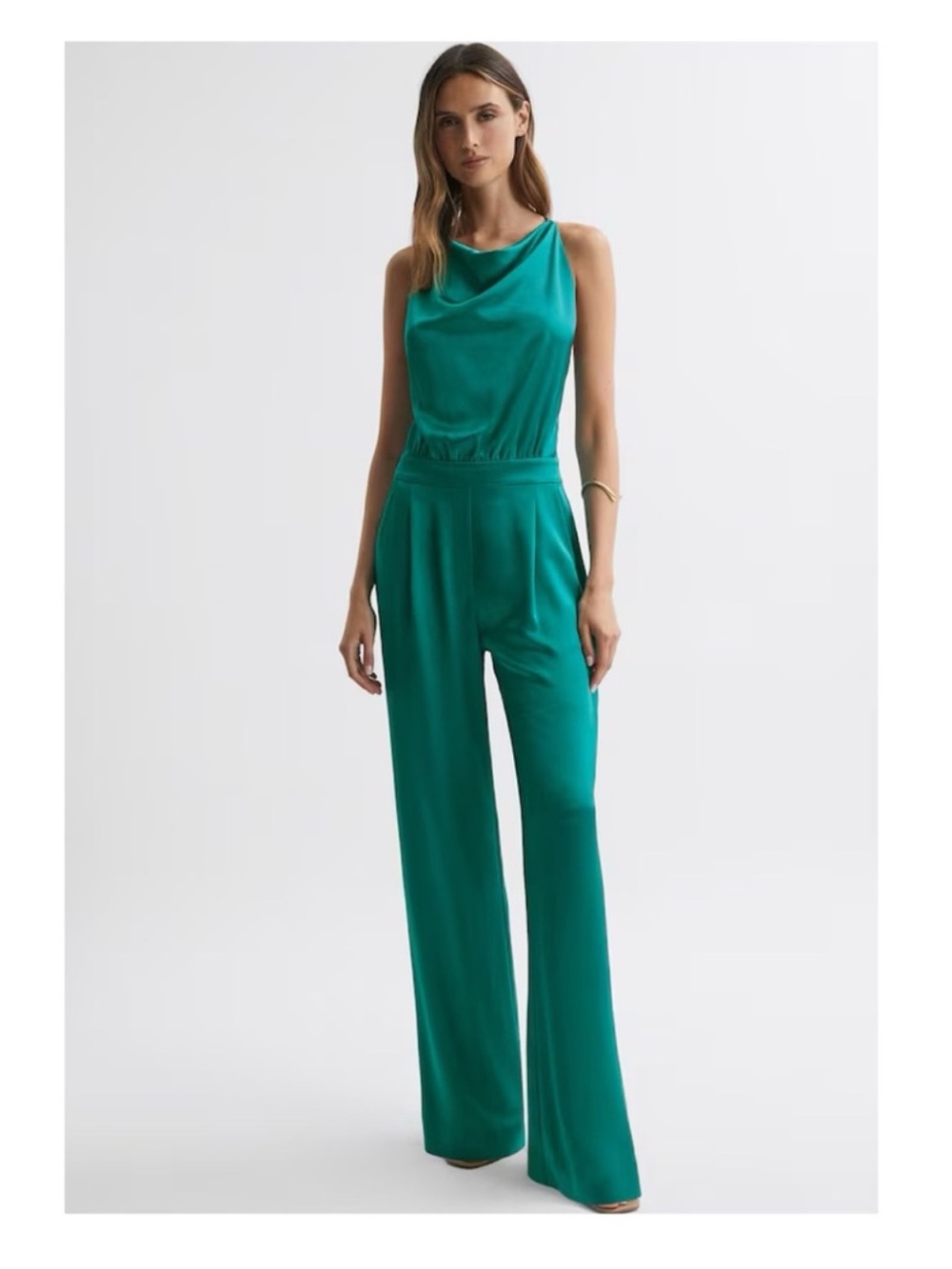 New! REISS Malia Cowl Neck Open Back Wide Leg Satin Jumpsuit